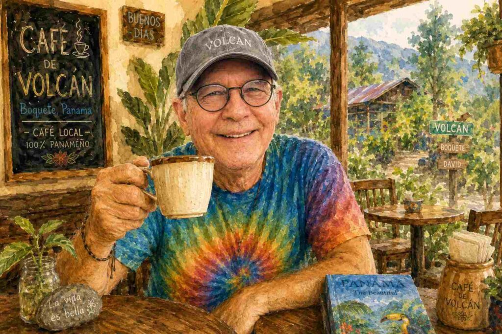 vic sitting in a coffee shop holding up a cup of coffee